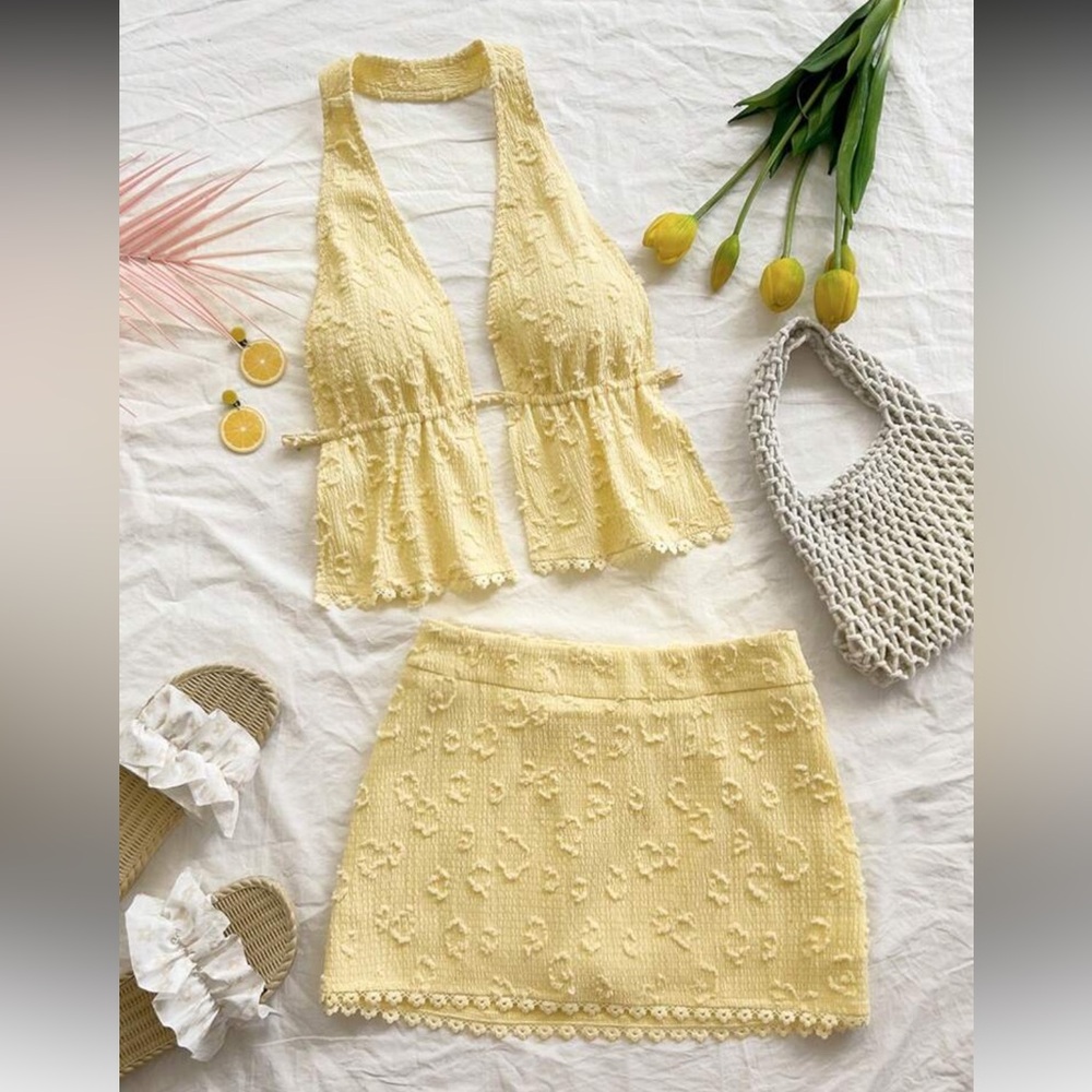 SHEIN 2 Piece Light Yellow Textured Mini Skirt & Halter Top